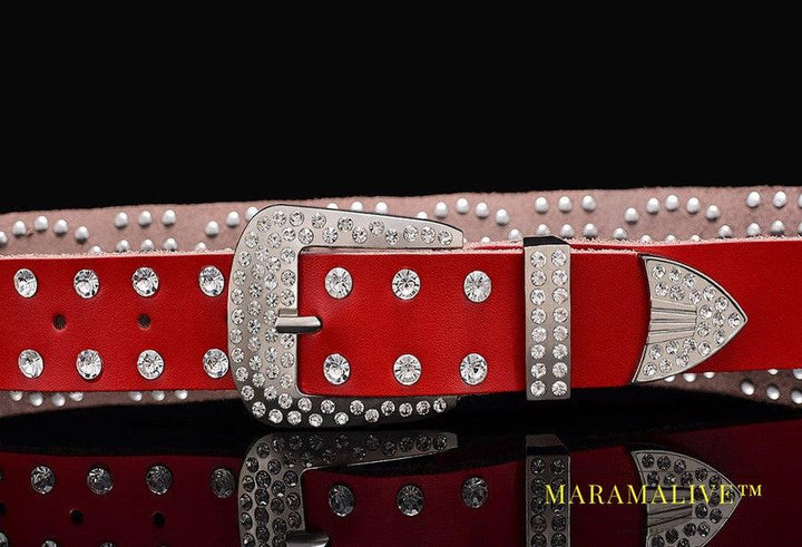 Leather Ladies Belt With Diamond-studded Cowhide Pin Buckle