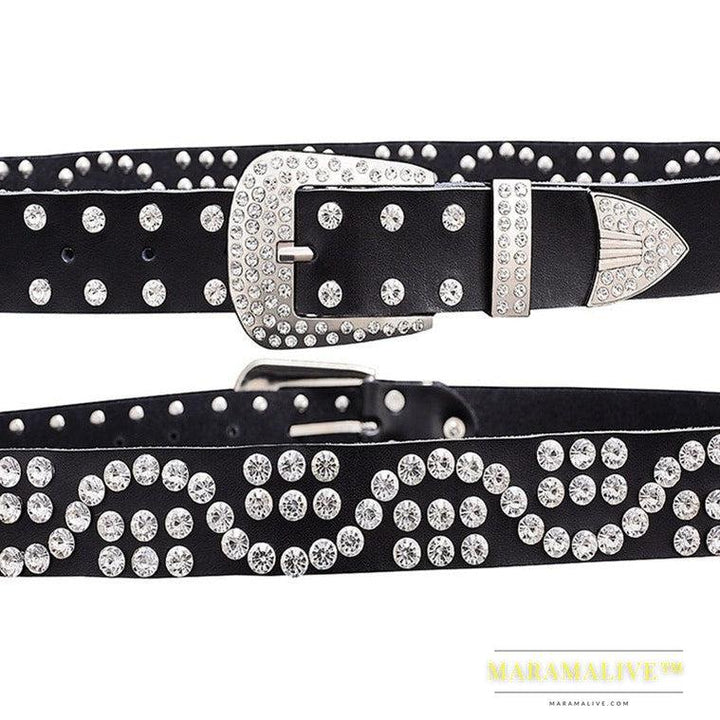 Leather Ladies Belt With Diamond-studded Cowhide Pin Buckle