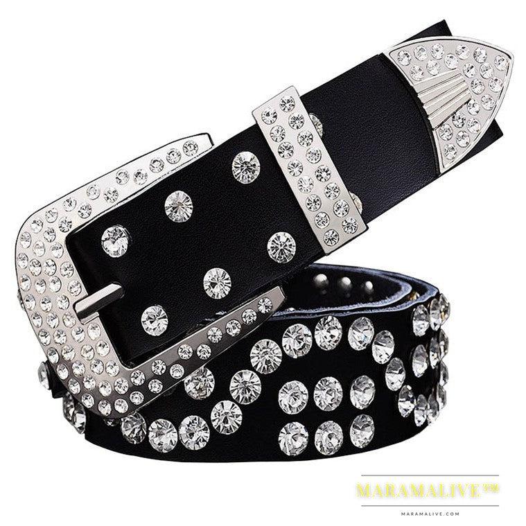 Leather Ladies Belt With Diamond-studded Cowhide Pin Buckle