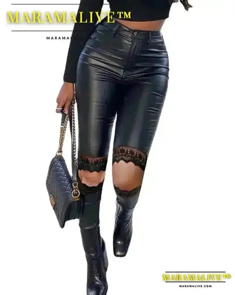 Leather Pants Women Slim Fit Button Midi Waist Pencil Pant Solid Lace Splice Capris Spring 2024 Slight Strech High Street