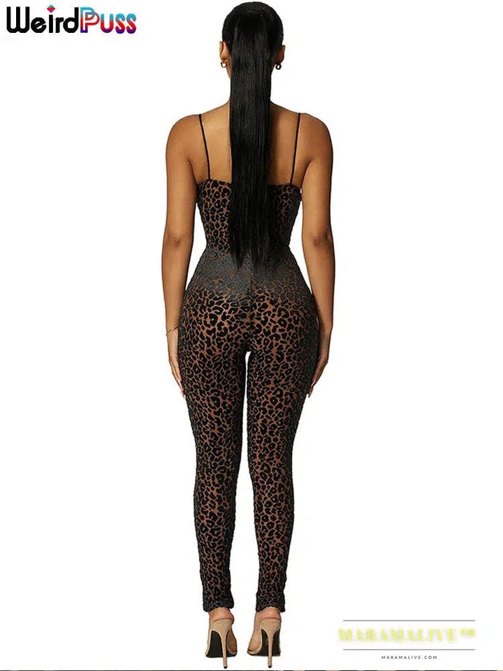 Leopard Print Sexy Skinny Women Jumpsuit Sleeveless Backless Fit Workout Activewear Party Nightclub Stretch Outfits