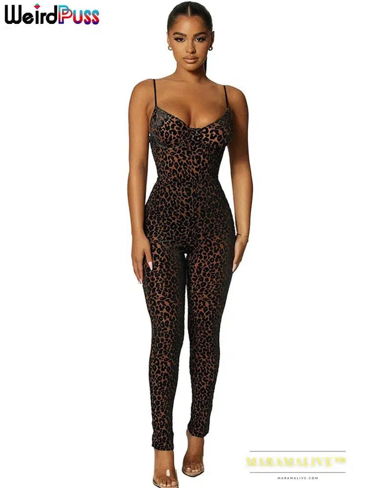 Leopard Print Sexy Skinny Women Jumpsuit Sleeveless Backless Fit Workout Activewear Party Nightclub Stretch Outfits