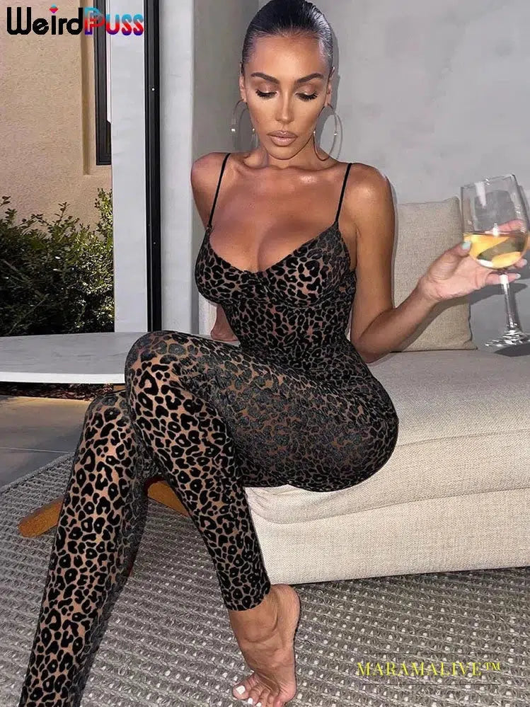 Leopard Print Sexy Skinny Women Jumpsuit Sleeveless Backless Fit Workout Activewear Party Nightclub Stretch Outfits