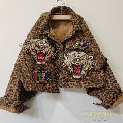 Leopard Print Studded With Nails Bead Mesh Gauze Stitching Denim Short Coat Female