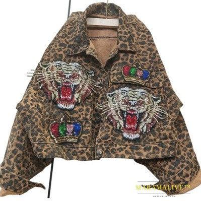 Leopard Print Studded With Nails Bead Mesh Gauze Stitching Denim Short Coat Female