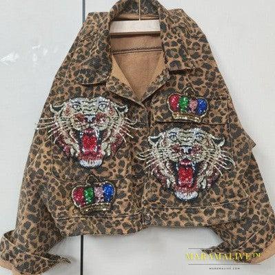 Leopard Print Studded With Nails Bead Mesh Gauze Stitching Denim Short Coat Female