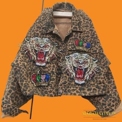 Leopard Print Studded With Nails Bead Mesh Gauze Stitching Denim Short Coat Female