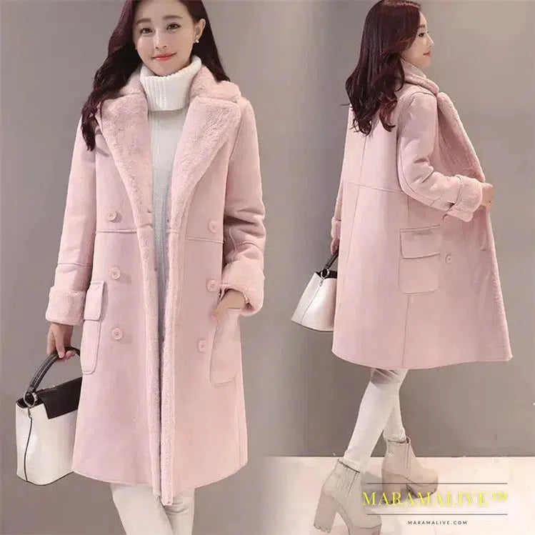 Light Pink Lamb Fur Long Woolen Coat Thickened Cashmere Long Sleeve Loose Fit Women Fashion Tide Winter