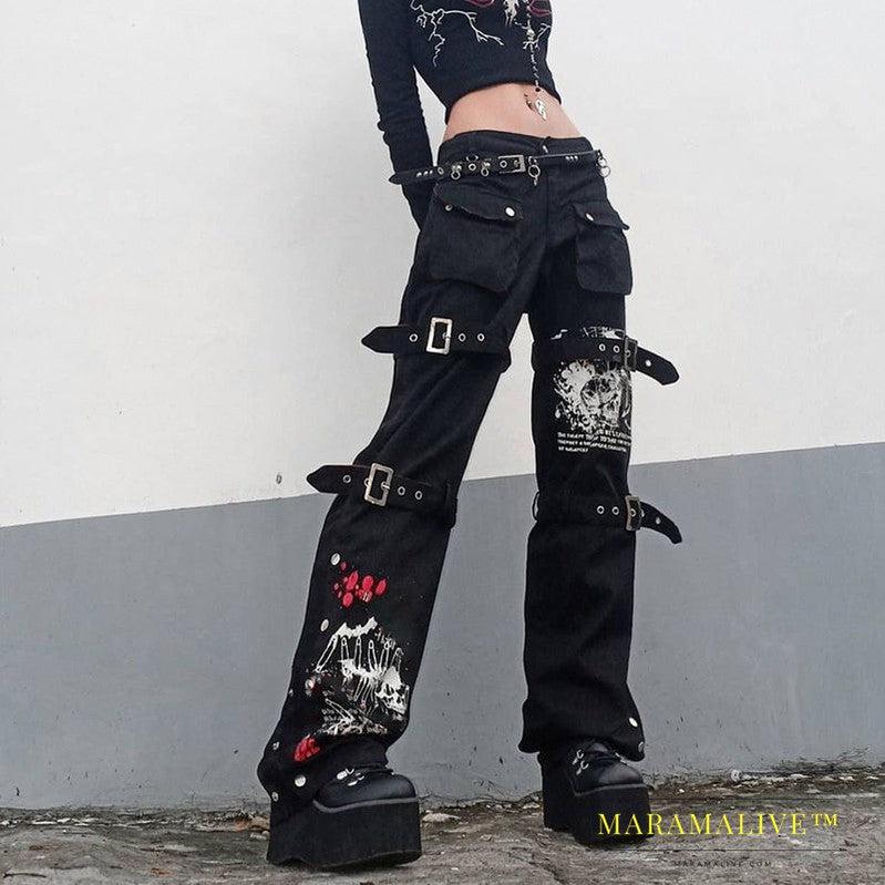 Little Devil Punk Style Leather Buckle Graffiti Black Jeans Wide-leg Slim Straight-leg Pants Trousers