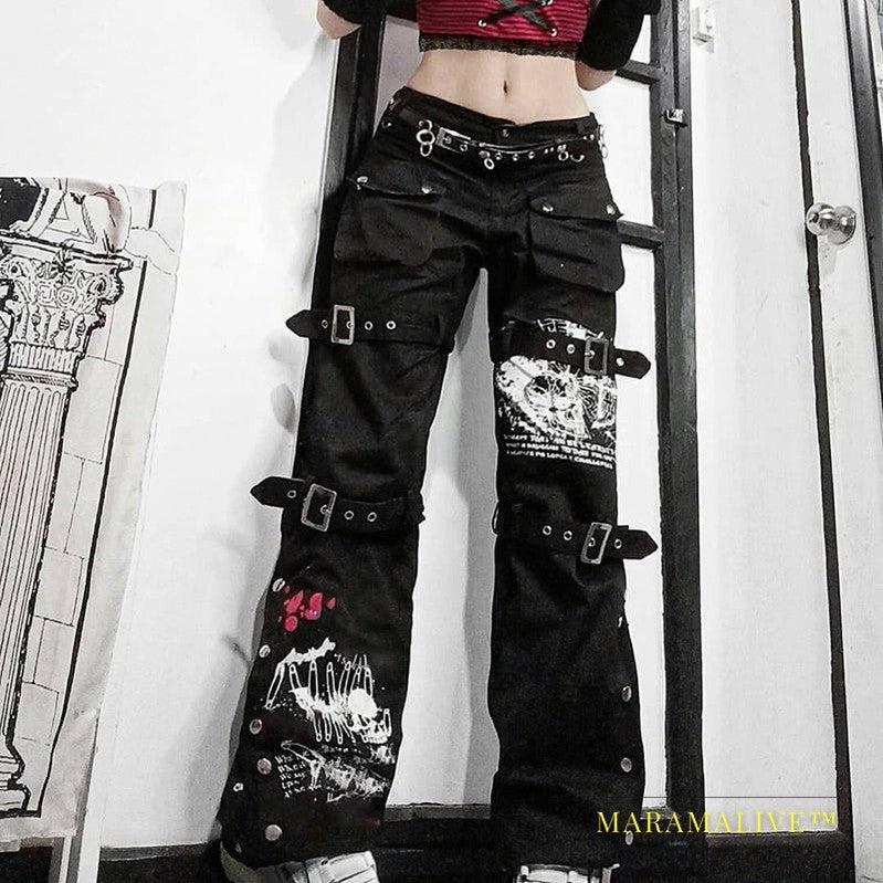 Little Devil Punk Style Leather Buckle Graffiti Black Jeans Wide-leg Slim Straight-leg Pants Trousers