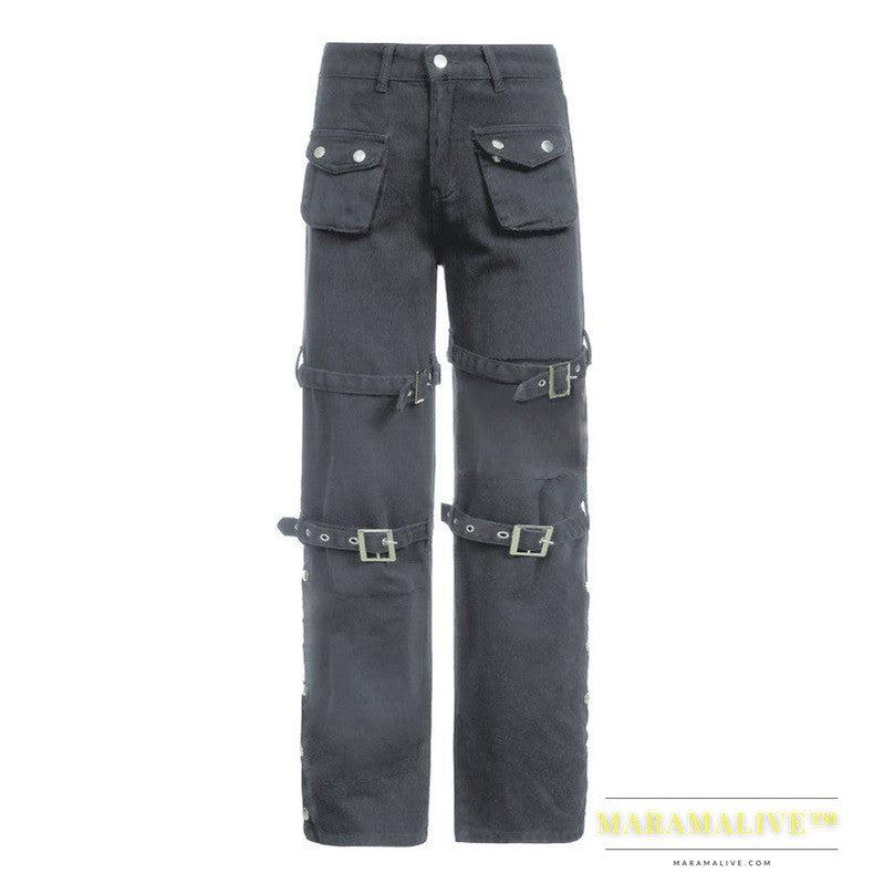 Little Devil Punk Style Leather Buckle Graffiti Black Jeans Wide-leg Slim Straight-leg Pants Trousers