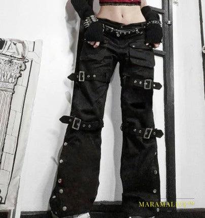 Little Devil Punk Style Leather Buckle Graffiti Black Jeans Wide-leg Slim Straight-leg Pants Trousers