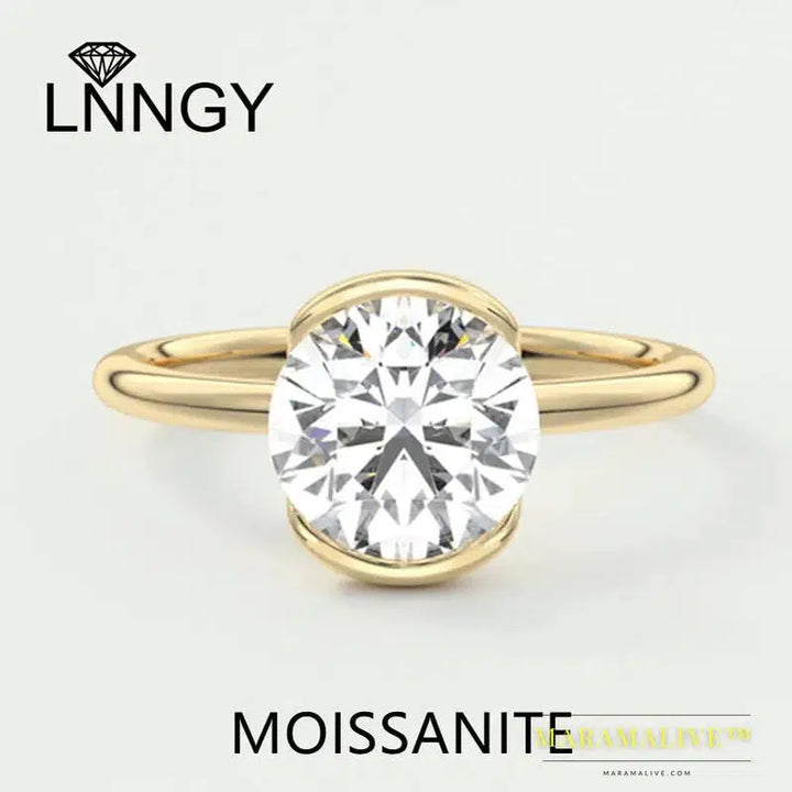 Lnngy 6.5MM Half Bezel Moissanite Ring for Women Exquisite 925 Sterling Silver Solitaire Rings Wedding Bands Fashion Jewelry