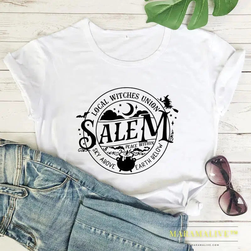 Local Witches Union Salem T-shirt Funny Women Halloween Party Tshirt Fashion Autumn Short Sleeve Graphic Basic Witch Tops Tees