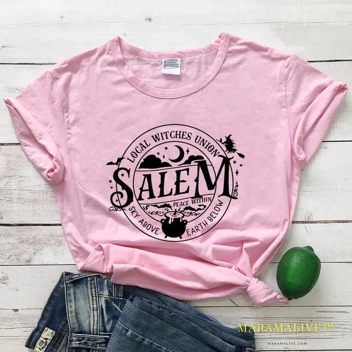 Local Witches Union Salem T-shirt Funny Women Halloween Party Tshirt Fashion Autumn Short Sleeve Graphic Basic Witch Tops Tees