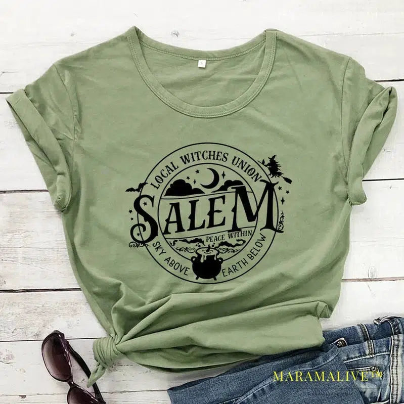 Local Witches Union Salem T-shirt Funny Women Halloween Party Tshirt Fashion Autumn Short Sleeve Graphic Basic Witch Tops Tees