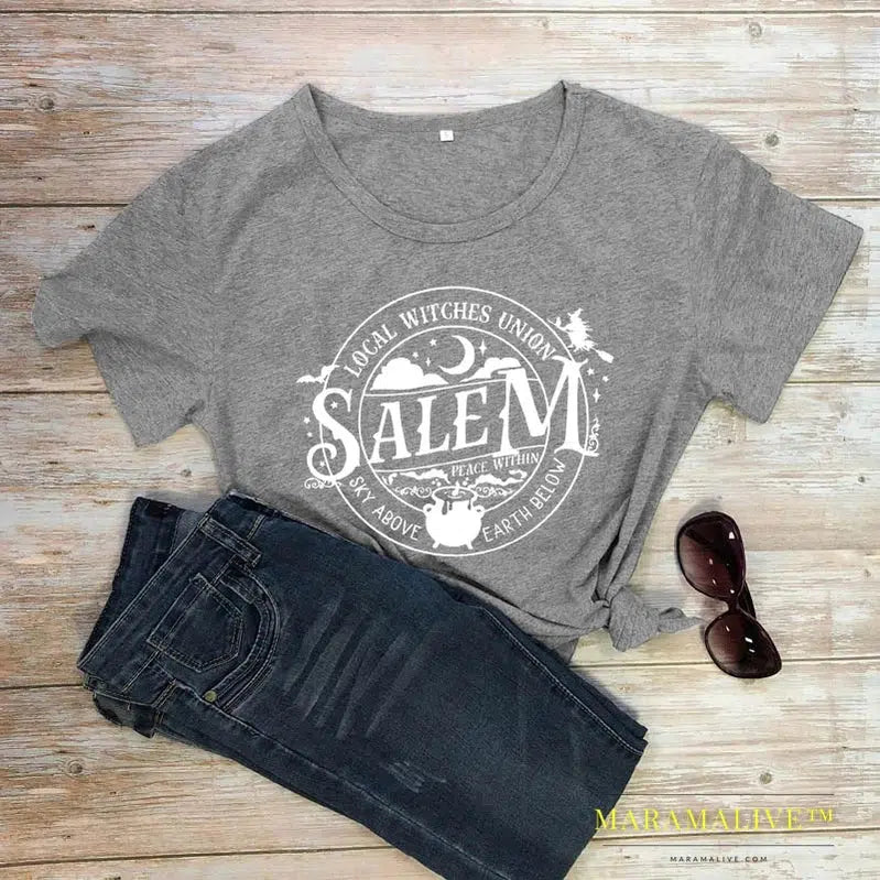 Local Witches Union Salem T-shirt Funny Women Halloween Party Tshirt Fashion Autumn Short Sleeve Graphic Basic Witch Tops Tees