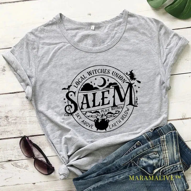 Local Witches Union Salem T-shirt Funny Women Halloween Party Tshirt Fashion Autumn Short Sleeve Graphic Basic Witch Tops Tees