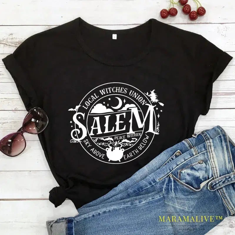 Local Witches Union Salem T-shirt Funny Women Halloween Party Tshirt Fashion Autumn Short Sleeve Graphic Basic Witch Tops Tees