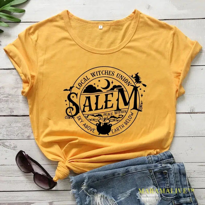 Local Witches Union Salem T-shirt Funny Women Halloween Party Tshirt Fashion Autumn Short Sleeve Graphic Basic Witch Tops Tees