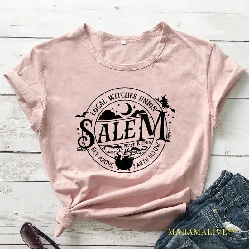 Local Witches Union Salem T-shirt Funny Women Halloween Party Tshirt Fashion Autumn Short Sleeve Graphic Basic Witch Tops Tees