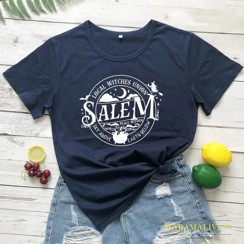 Local Witches Union Salem T-shirt Funny Women Halloween Party Tshirt Fashion Autumn Short Sleeve Graphic Basic Witch Tops Tees