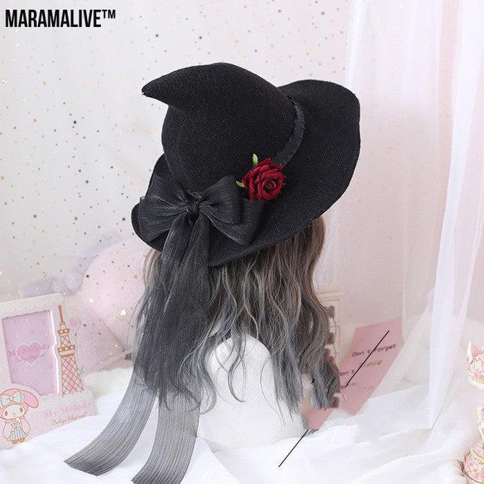 Lolita Halloween Retro Witch Hat Masquerade Rose Big Bow Wizard Hat Gothic Magical Girl Hat Cosplay Accessories Party Decor