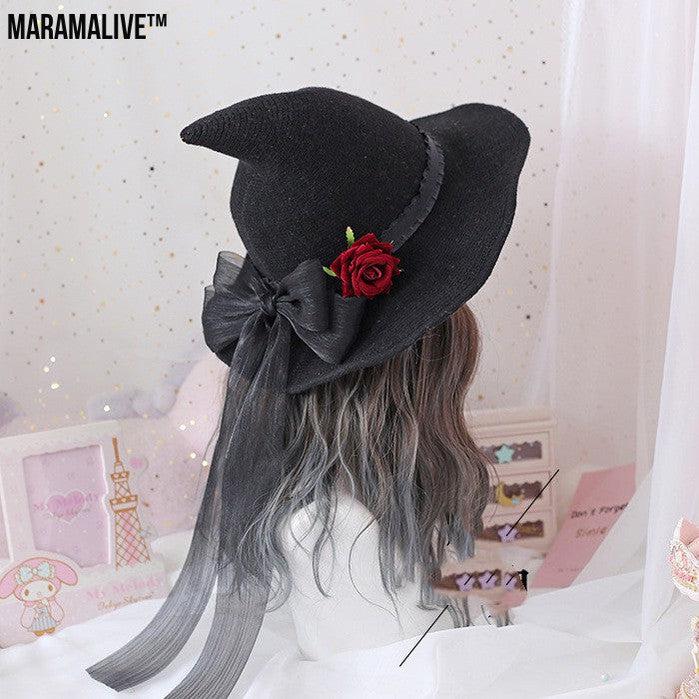 Lolita Halloween Retro Witch Hat Masquerade Rose Big Bow Wizard Hat Gothic Magical Girl Hat Cosplay Accessories Party Decor