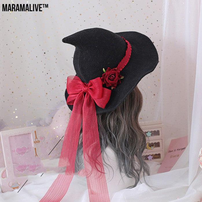 Lolita Halloween Retro Witch Hat Masquerade Rose Big Bow Wizard Hat Gothic Magical Girl Hat Cosplay Accessories Party Decor