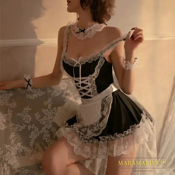 Lolita Hot Costume Babydoll Dress Sexy Lingerie Sex Babydoll Erotic Sleepwear Underwear Bow Lace Sex Maid Cosplay Mini Dress