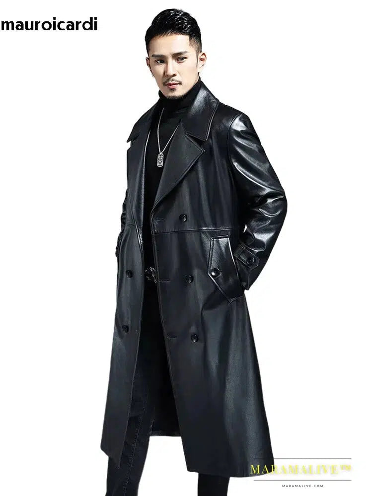 Long Cool Waterproof Black Pu Leather Trench Coat Men Double Breasted Plus Size Outerwear 4xl 5xl 2022