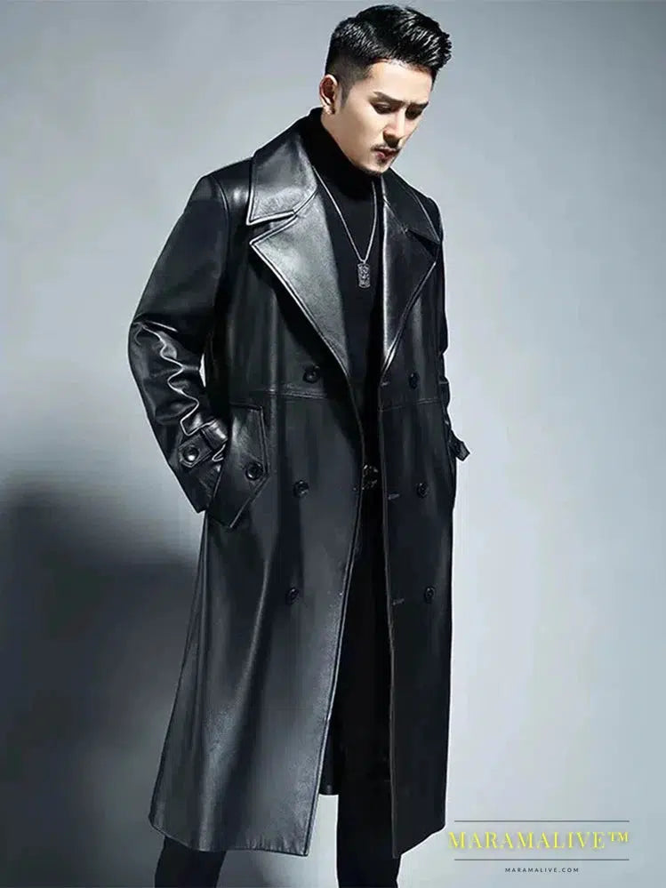 Long Cool Waterproof Black Pu Leather Trench Coat Men Double Breasted Plus Size Outerwear 4xl 5xl 2022