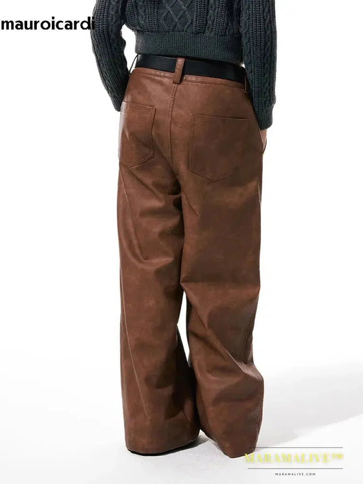 Long Loose Casual Brown Pu Leather Pants Men Wide Leg LUxury Designer Unisex Trousers Fashions 2023