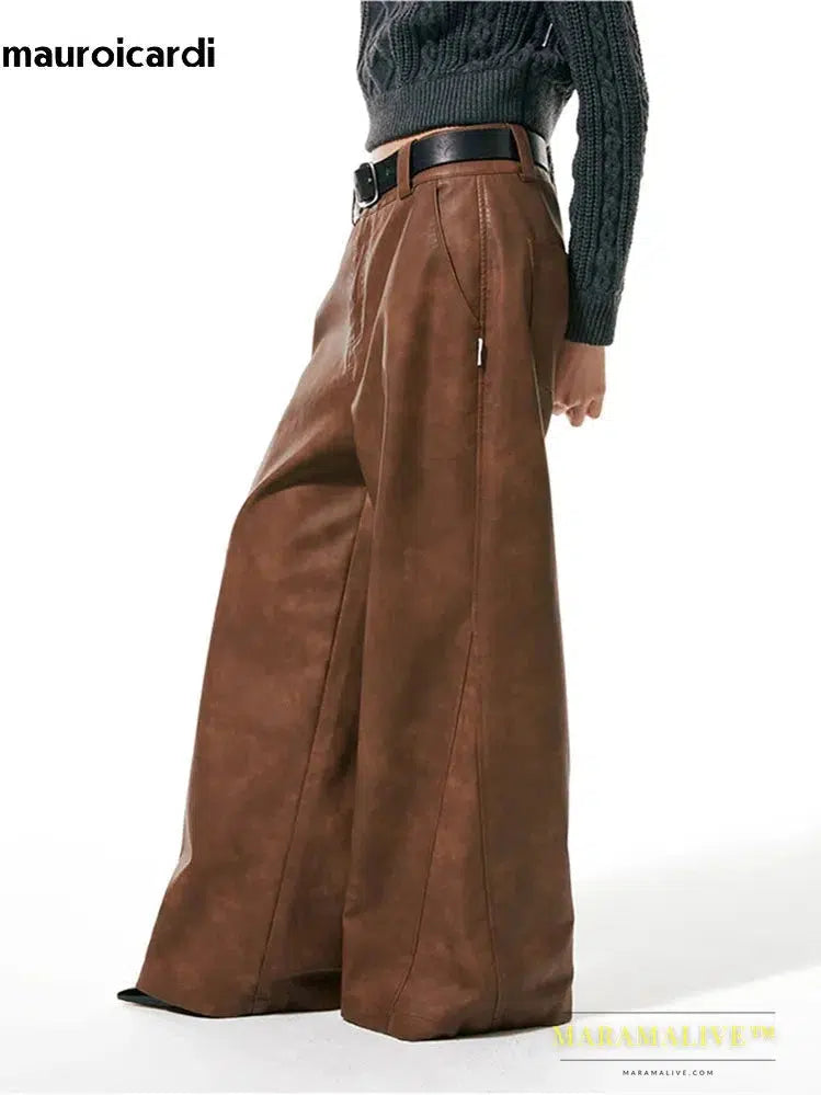 Long Loose Casual Brown Pu Leather Pants Men Wide Leg LUxury Designer Unisex Trousers Fashions 2023