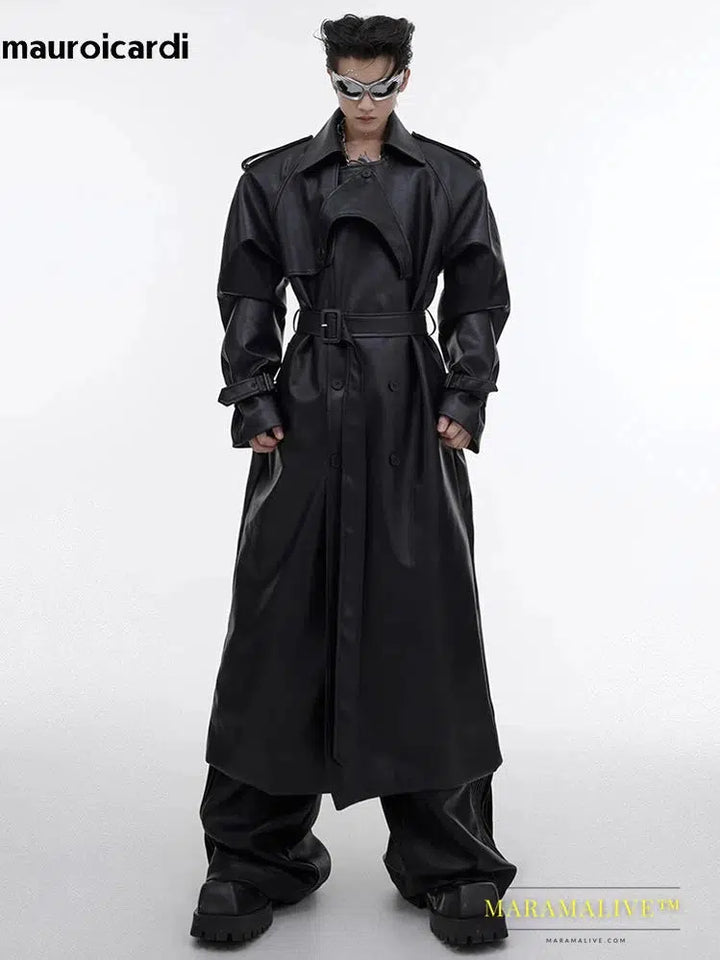 Long Oversized Black Brown Faux Leather Trench Coat Men Belt Double Breasted Luxury Designer Clothes 2023