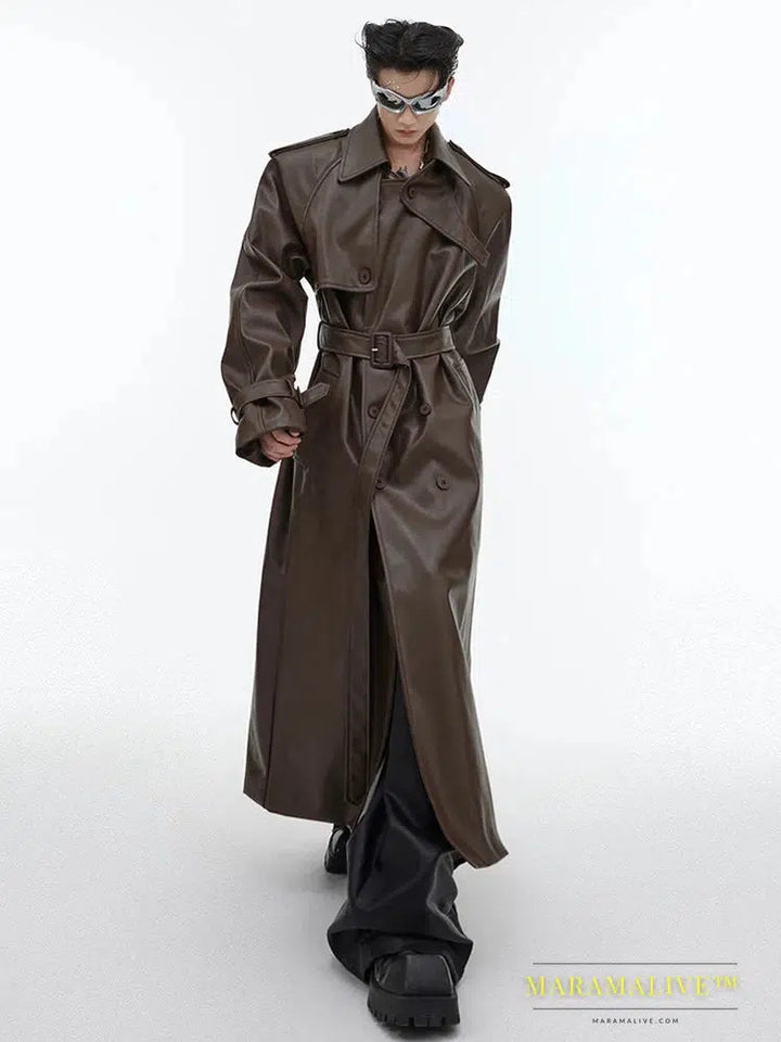 Long Oversized Black Brown Faux Leather Trench Coat Men Belt Double Breasted Luxury Designer Clothes 2023