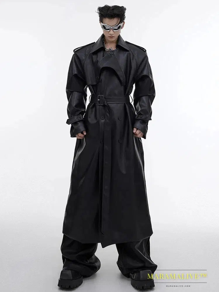 Long Oversized Black Brown Faux Leather Trench Coat Men Belt Double Breasted Luxury Designer Clothes 2023