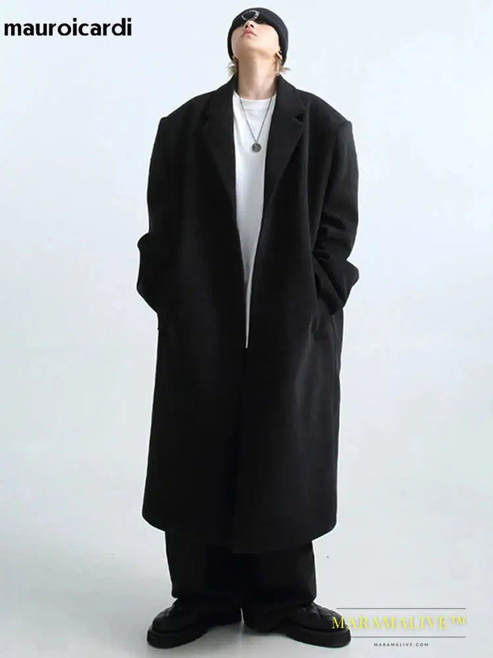 Long Oversized Warm Soft Black Trench Coat Men with Shoulder Pads Loose Casual Korean Fashion Overcoat