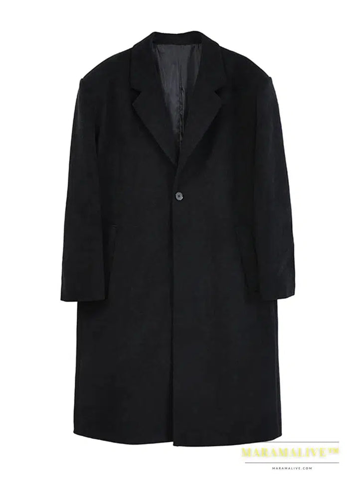 Long Oversized Warm Soft Black Trench Coat Men with Shoulder Pads Loose Casual Korean Fashion Overcoat