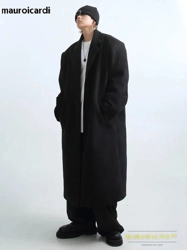 Long Oversized Warm Soft Black Trench Coat Men with Shoulder Pads Loose Casual Korean Fashion Overcoat