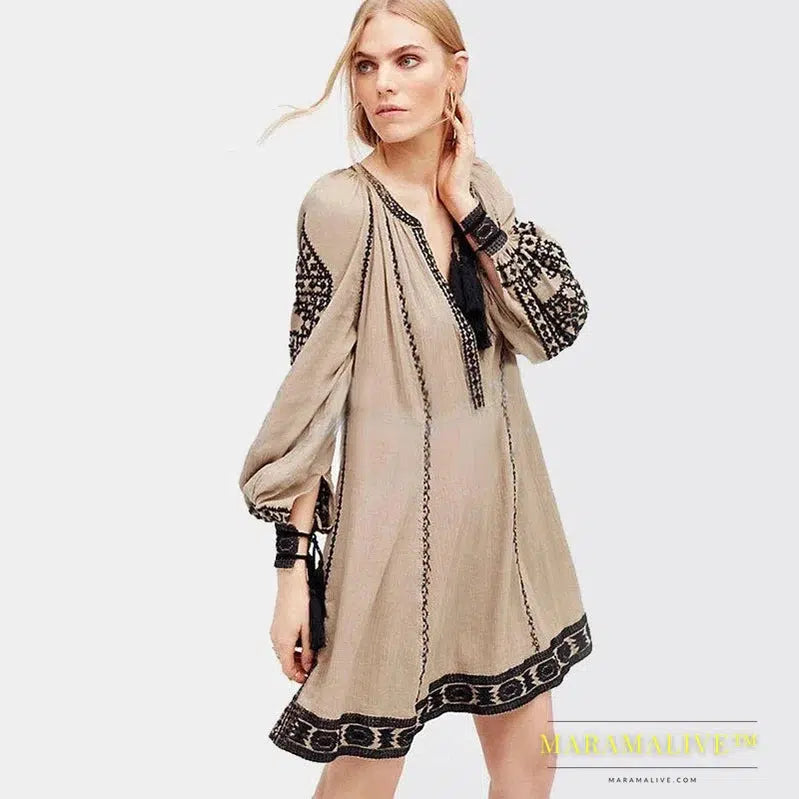 Long Sleeve Ethnic Dress Tassels Boho Hippie Chic Women Embroidery Dress Cotton Gypsy Vintage Dresses Womens Tunic