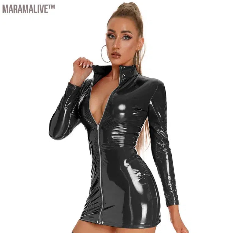 Long Sleeve Wet Look PVC Vestido Front Zipper Shiny PU Leather Hot Dress Tight Package Hip Minifalda Sexy Dresses Miniskirt Robe