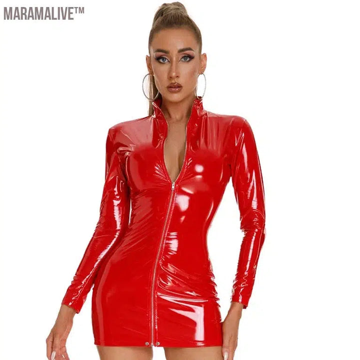 Long Sleeve Wet Look PVC Vestido Front Zipper Shiny PU Leather Hot Dress Tight Package Hip Minifalda Sexy Dresses Miniskirt Robe