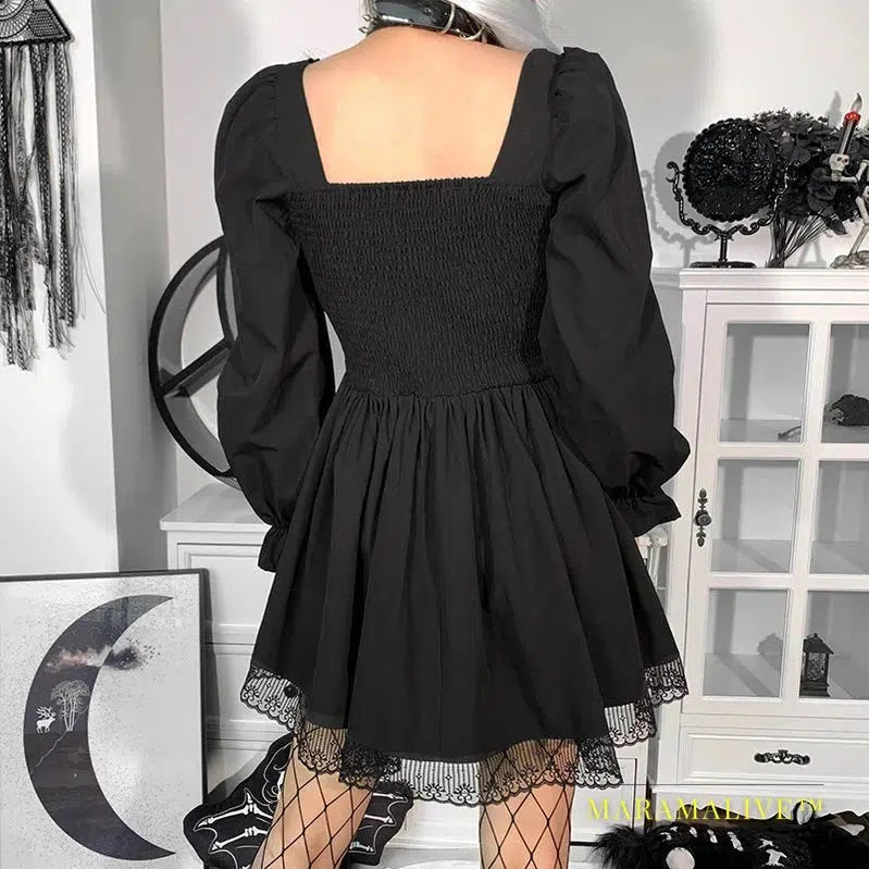 Long Sleeves Lolita Black Dress Goth Aesthetic Puff Sleeve High Waist Vintage Bandage Lace Trim Party Gothic Clothes Dress Woman