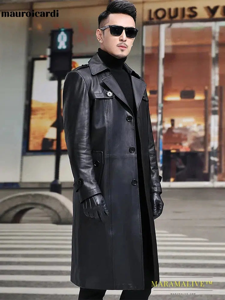 Long Smart Black Waterproof Leather Trench Coat Men Lapel belt Autumn Soft Faux Leather Blazer for Men 2023