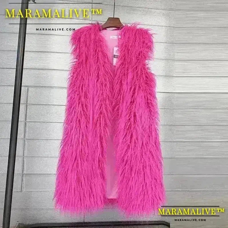 Long Vest Jacket Mongolia Sheep Fur Women Colorful Warm Faux Fur Plush Coats Autumn Winter Furry Outerwear Maxi Coat Windbreaker