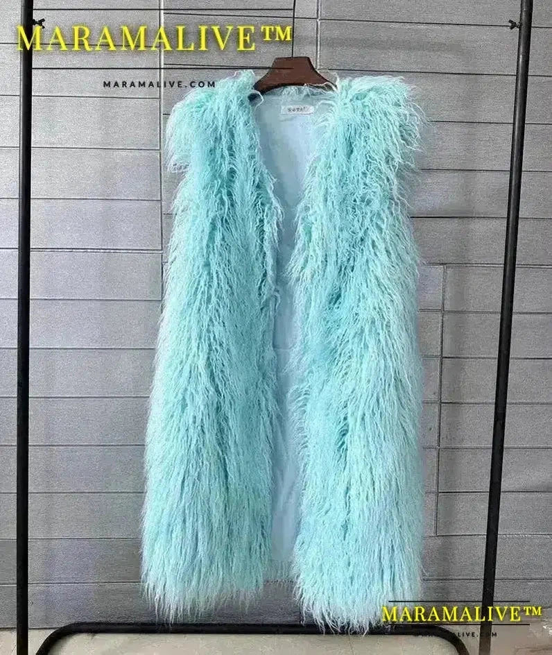 Long Vest Jacket Mongolia Sheep Fur Women Colorful Warm Faux Fur Plush Coats Autumn Winter Furry Outerwear Maxi Coat Windbreaker