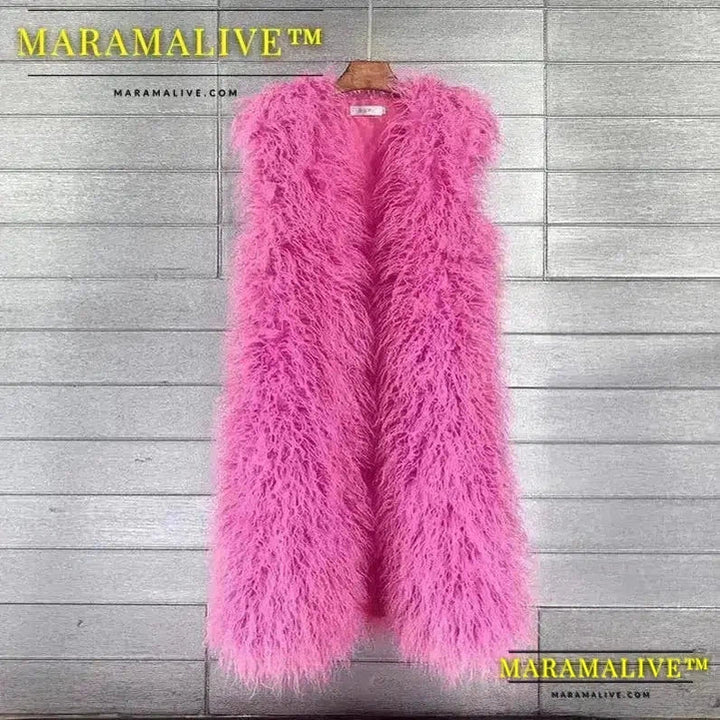 Long Vest Jacket Mongolia Sheep Fur Women Colorful Warm Faux Fur Plush Coats Autumn Winter Furry Outerwear Maxi Coat Windbreaker