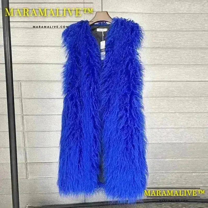 Long Vest Jacket Mongolia Sheep Fur Women Colorful Warm Faux Fur Plush Coats Autumn Winter Furry Outerwear Maxi Coat Windbreaker