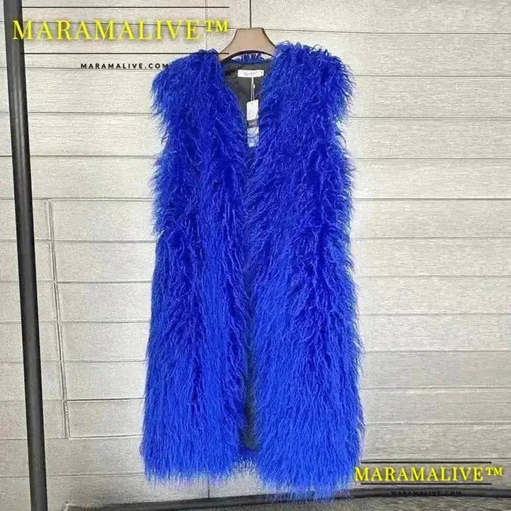 Long Vest Jacket Mongolia Sheep Fur Women Colorful Warm Faux Fur Plush Coats Autumn Winter Furry Outerwear Maxi Coat Windbreaker